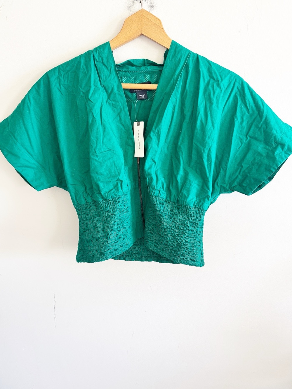 Anthropologie Maeve emerald green zip up cotton short sleeve blouse top sz M NWT